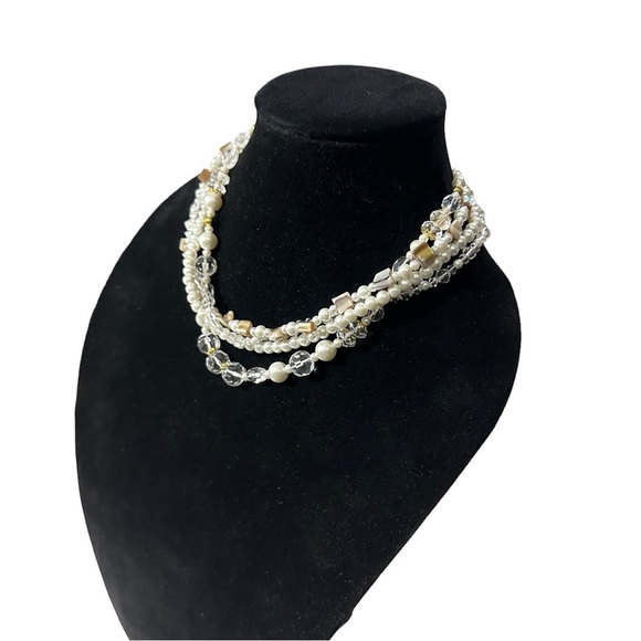 PD Premier Designs White 5 Strand Clear Glass Faux Pearl MOP Bib Necklace 17-21” - Picture 3 of 13